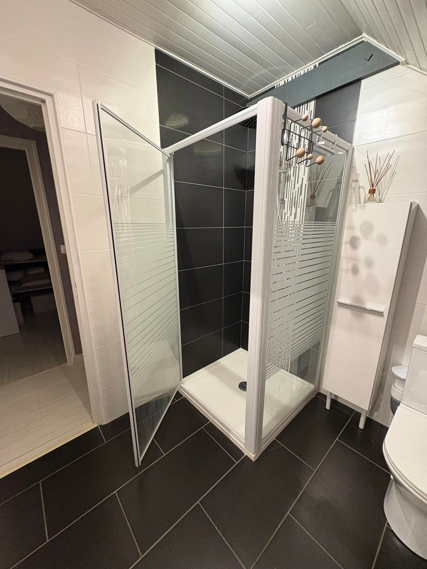 Salle de bains moderne avec douche à l'italienne, sol carrelé noir et murs blancs.