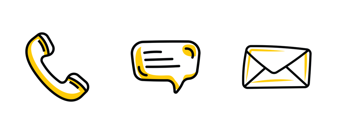 Téléphone, bulle de chat et enveloppe en dessin au trait jaune et noir.