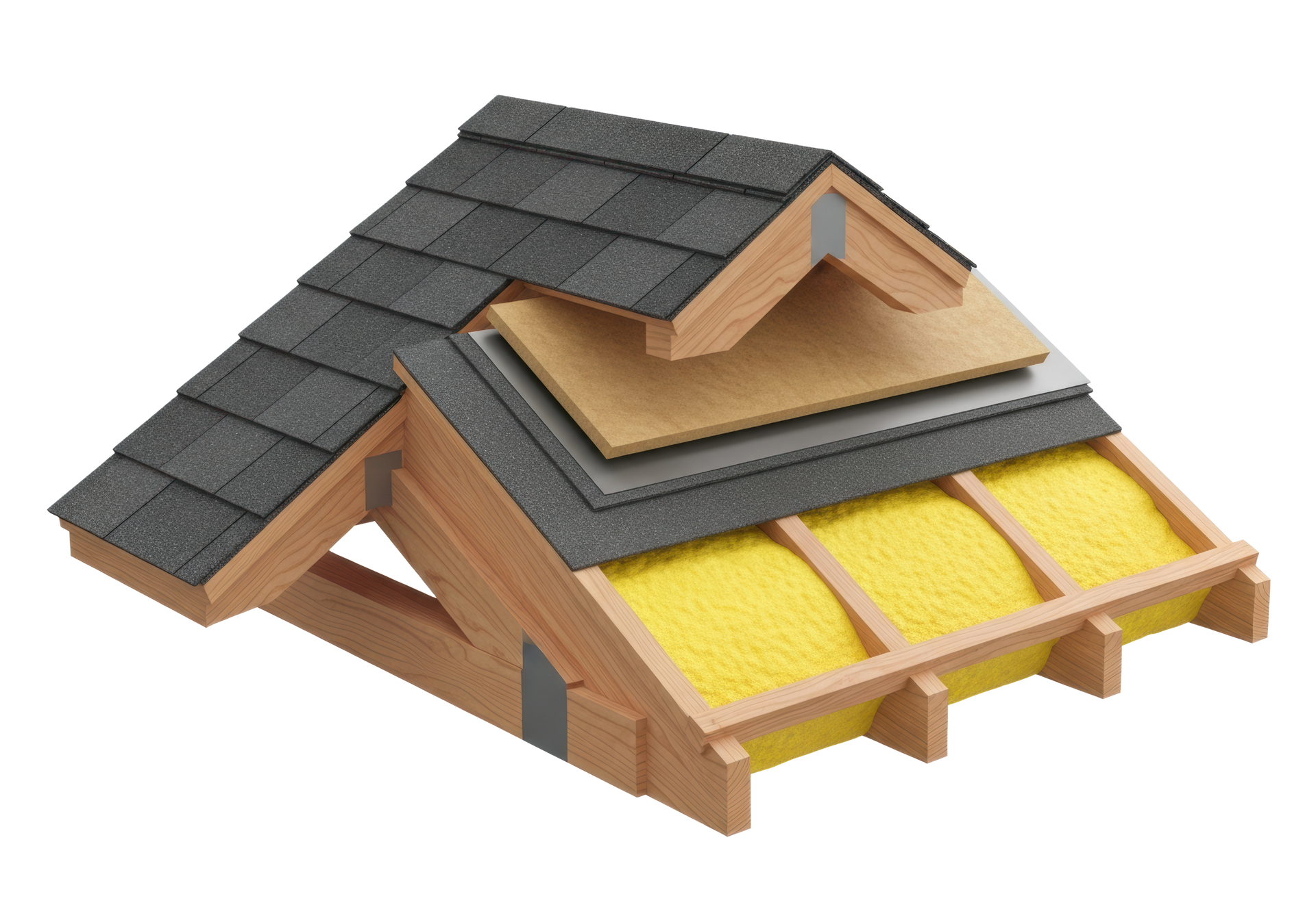Coupe d'un toit de maison avec des bardeaux foncés, des chevrons en bois apparents et une isolation jaune en dessous.