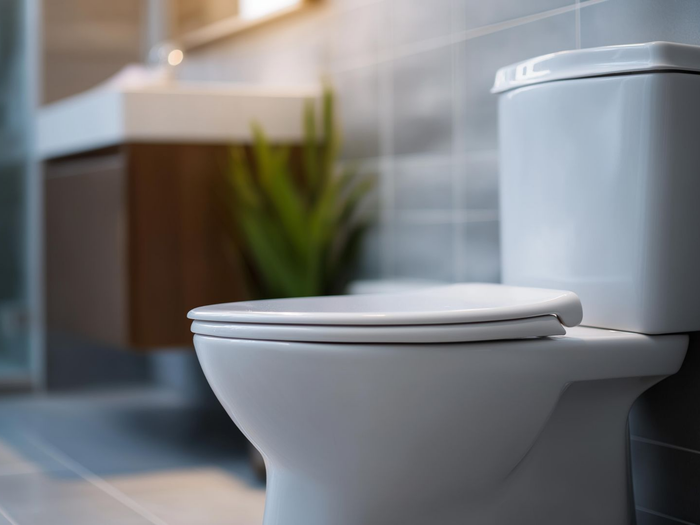 Toilettes blanches dans une salle de bains moderne avec carrelage gris.