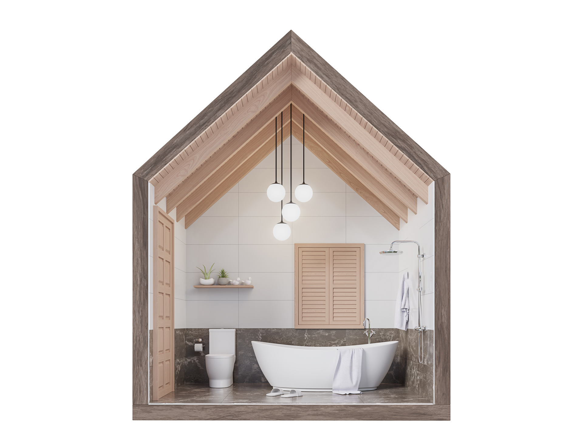 Salle de bains mansardée moderne avec poutres apparentes, baignoire îlot, lavabo et suspensions lumineuses.