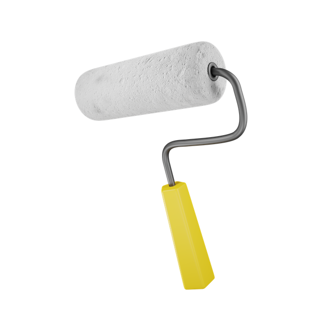 Rouleau à peinture avec de la peinture blanche et un manche jaune.