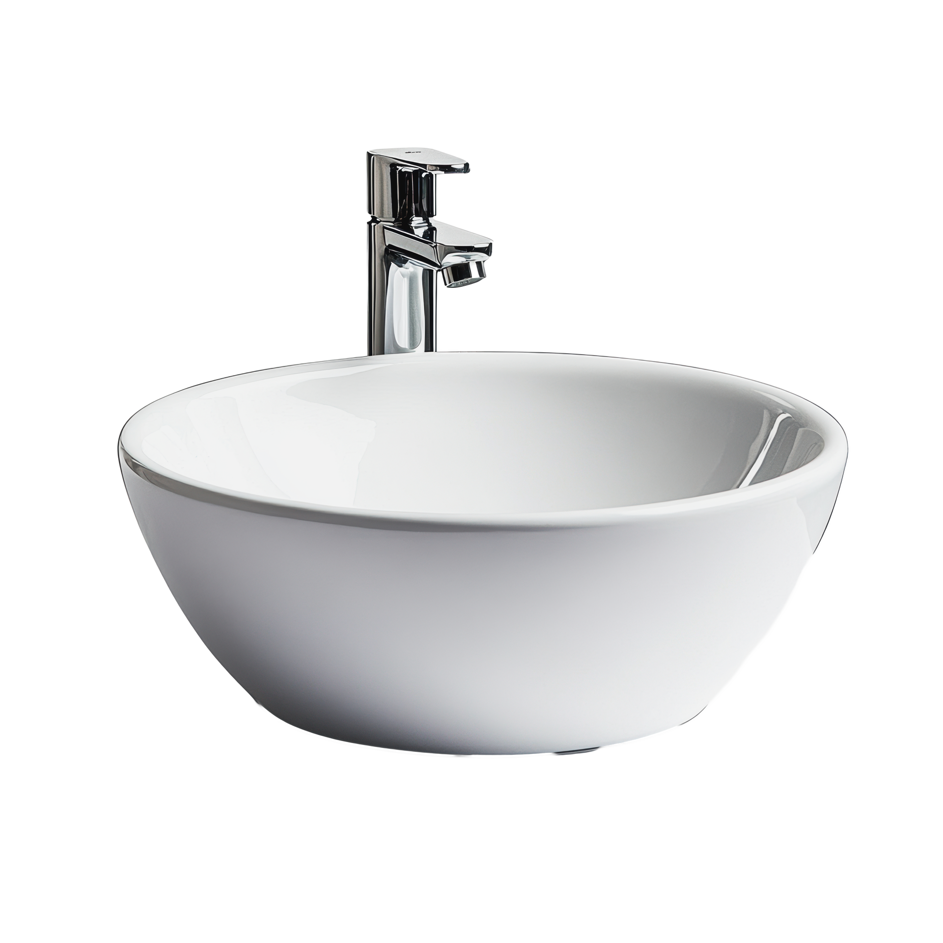 Lavabo rond blanc sur comptoir avec robinet chromé.