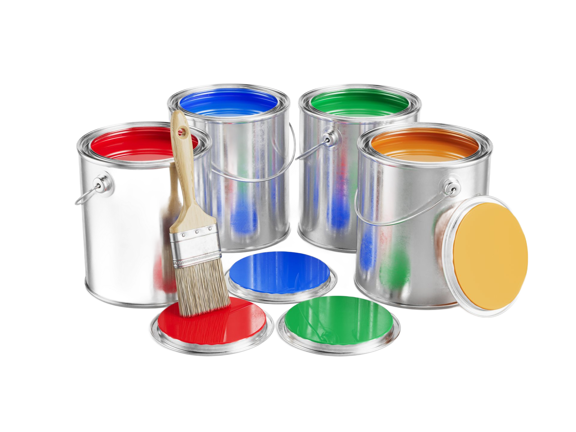 Pots de peinture rouge, bleu, vert, orange et jaune, avec un pinceau.