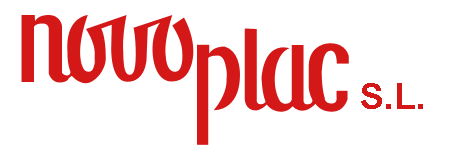 Un logotipo rojo de Novoplac SL sobre un fondo blanco