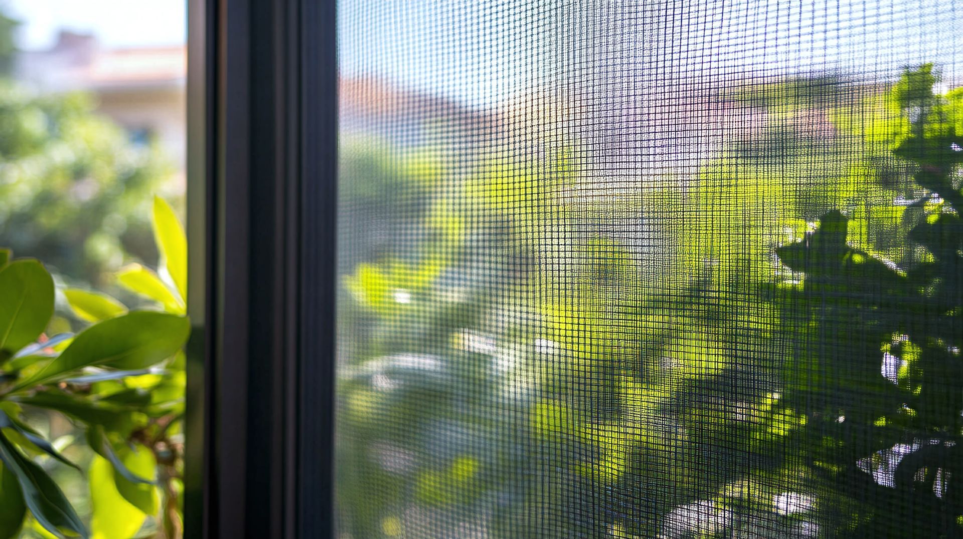 Paravent baigné de soleil, avec des feuilles vertes à l'extérieur et une vue floue du jardin au-delà.