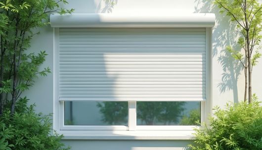 Fenêtre d'une maison blanche avec un volet roulant partiellement abaissé, encadrée de feuillage vert.