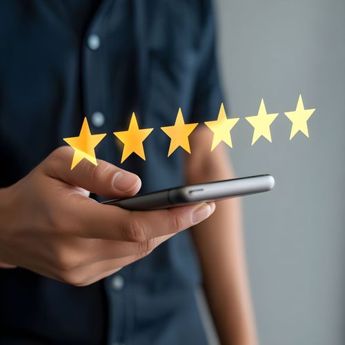Main tenant un smartphone avec cinq étoiles dorées flottant au-dessus, suggérant une note ou un avis client.