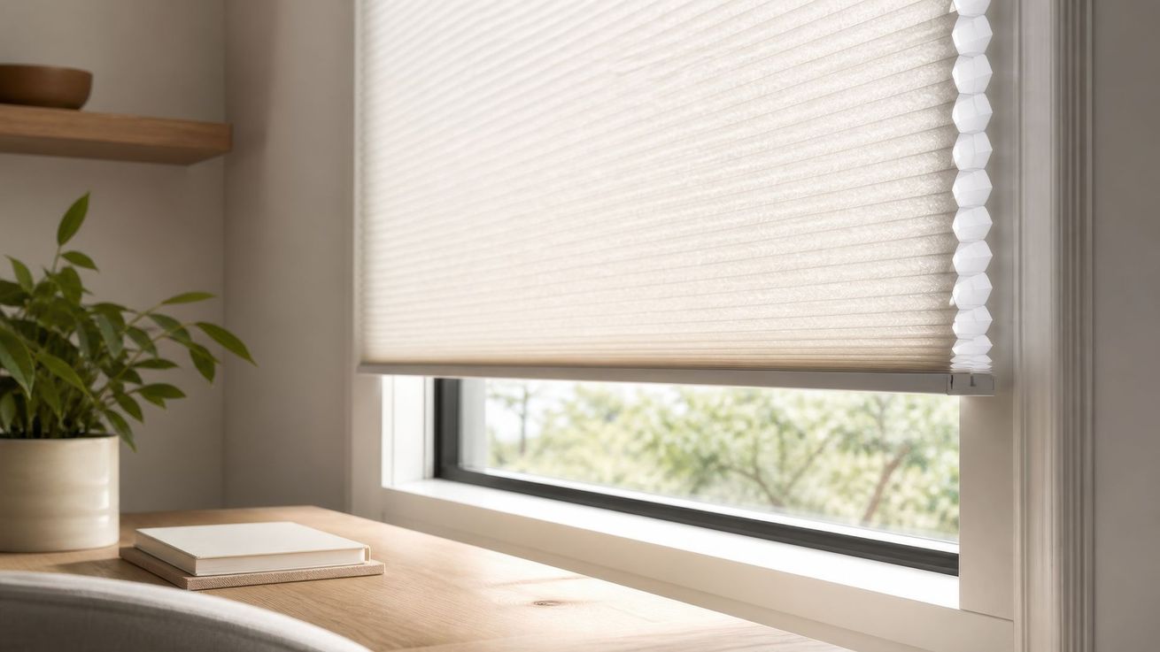 Bureau minimaliste près d'une fenêtre avec un store plissé beige et une plante en pot.