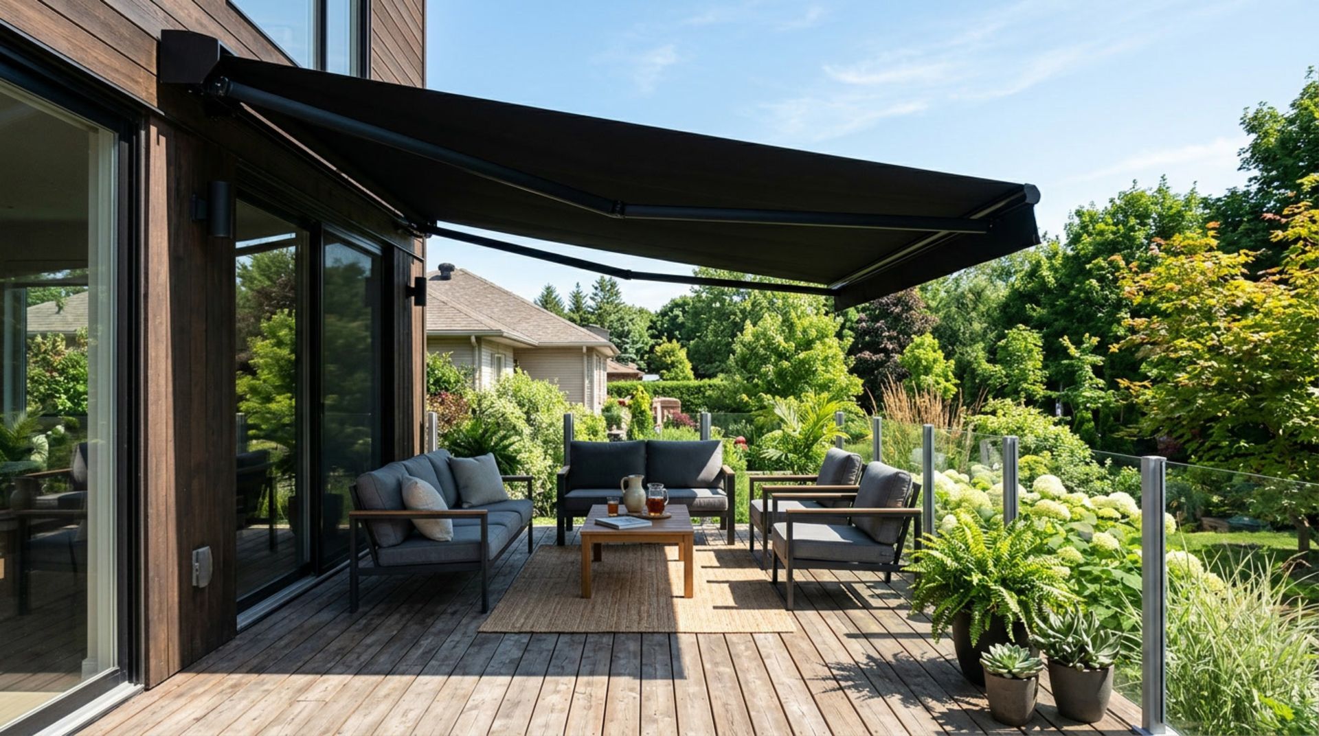 Terrasse moderne avec auvent noir, sièges extérieurs et vue sur un jardin verdoyant luxuriant.