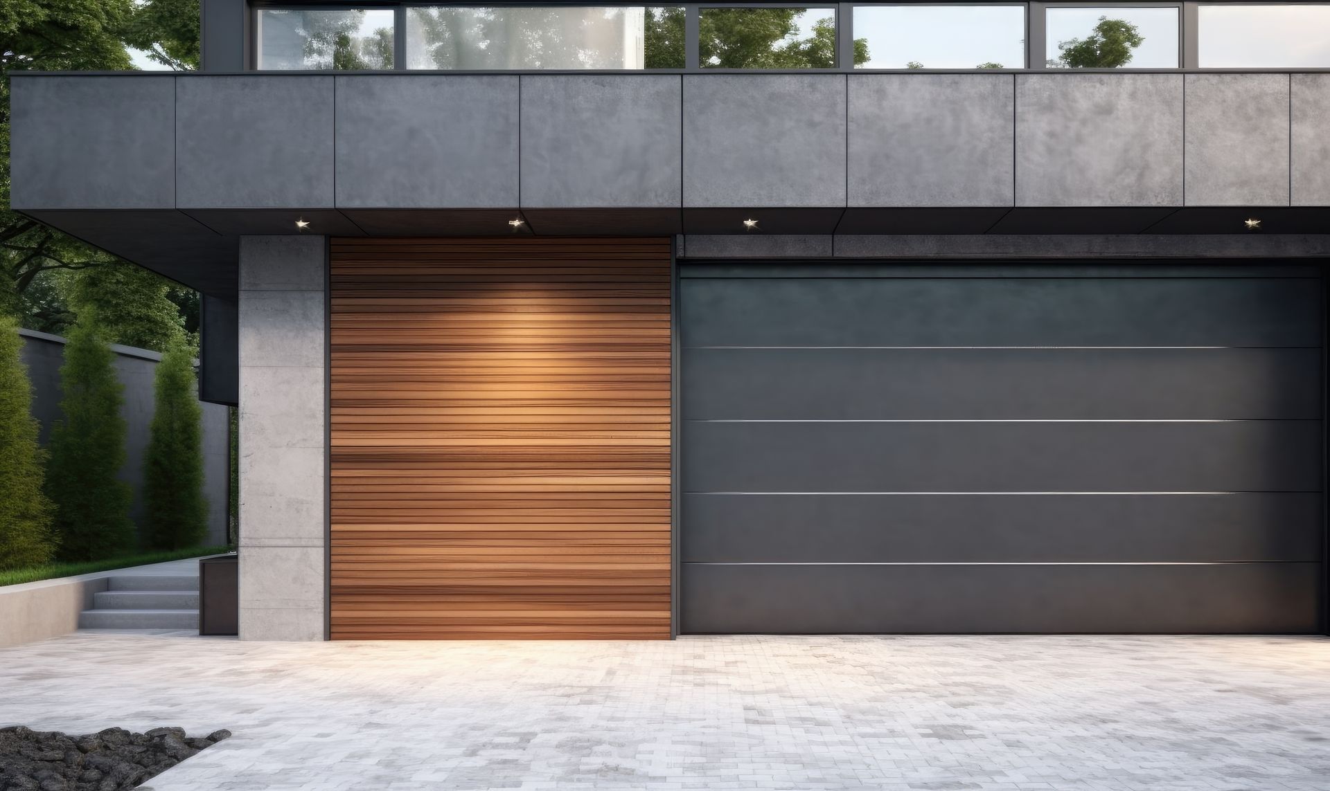 Façade de maison moderne avec une porte de garage en bois à côté d'une porte de garage gris foncé sous un toit plat.