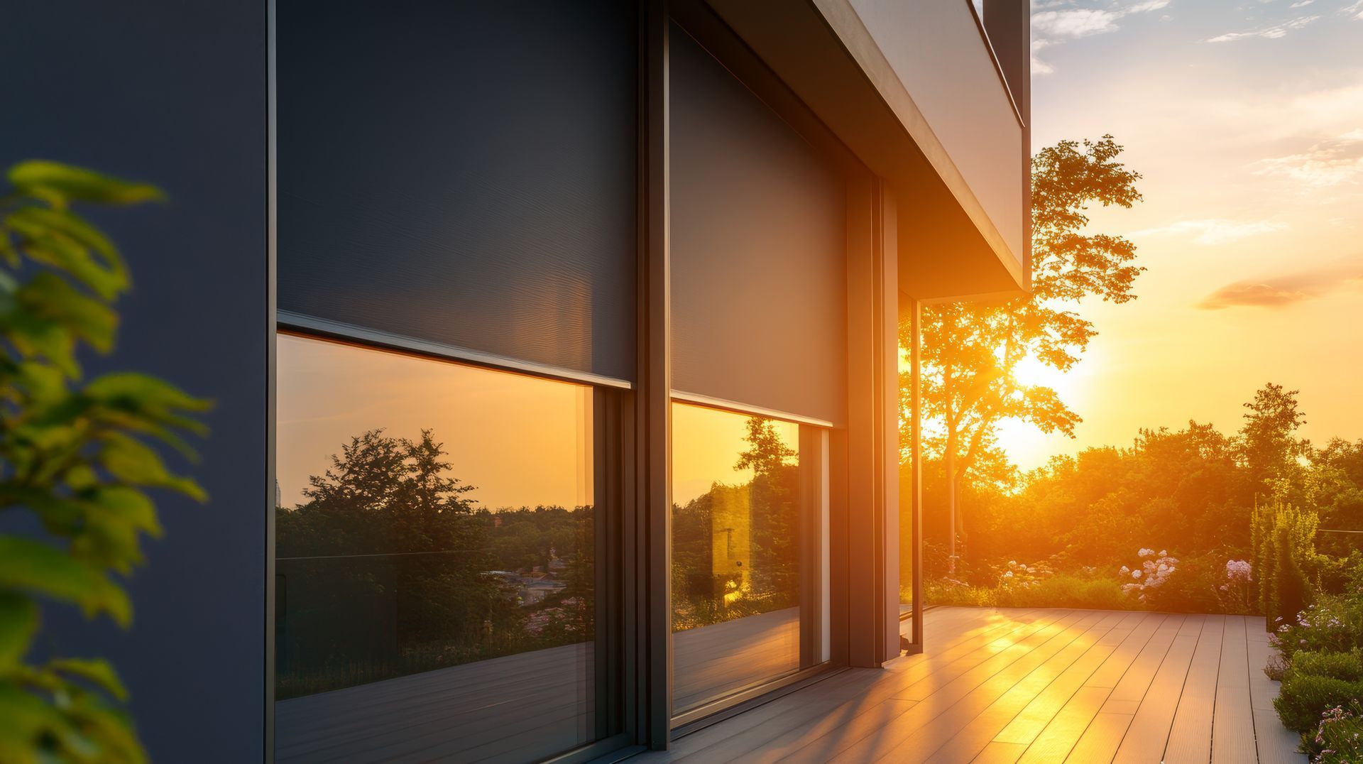 Le soleil couchant se reflète sur les portes vitrées et la terrasse d'une maison moderne, baigné d'une douce lumière dorée, avec les arbres à l'horizon.
