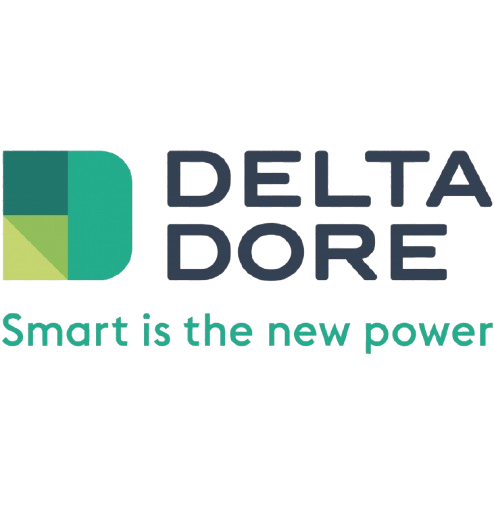 Logo Delta Dore vert et bleu foncé avec le slogan « Smart is the new power ».