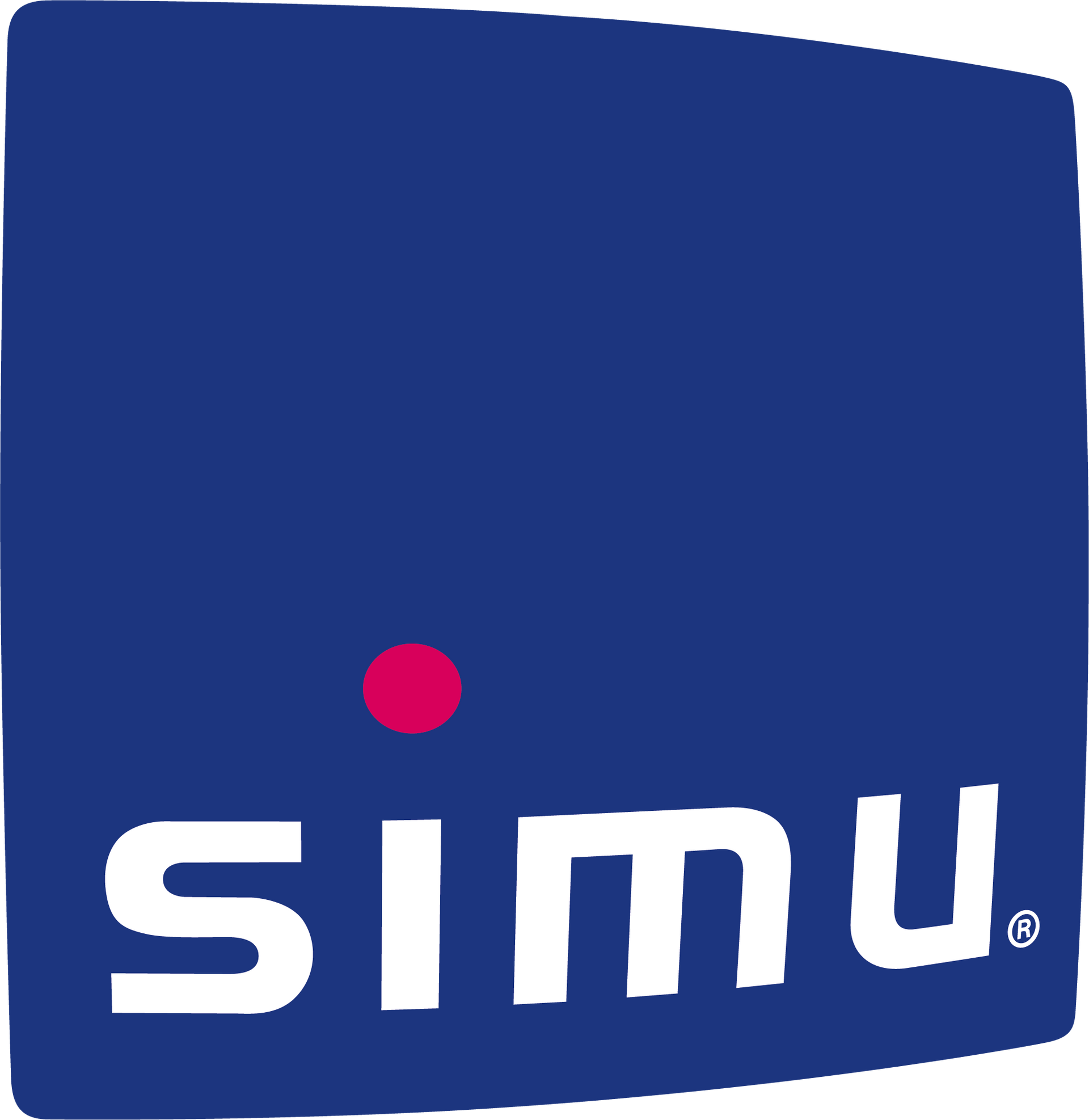 Logo SIMU blanc sur fond bleu foncé, avec un petit point rouge au-dessus du texte.