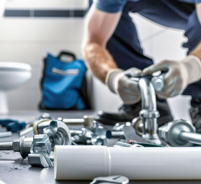 Un plombier avec des équipements au sol.