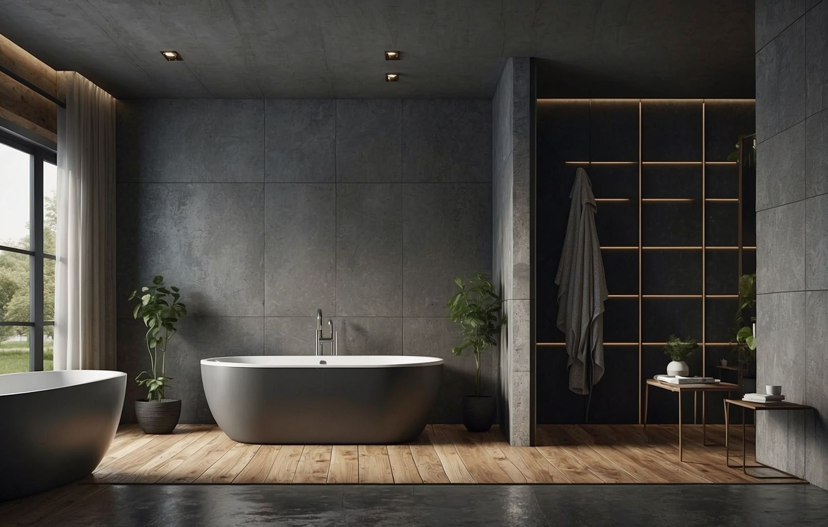 Une salle de bains avec des murs noirs.