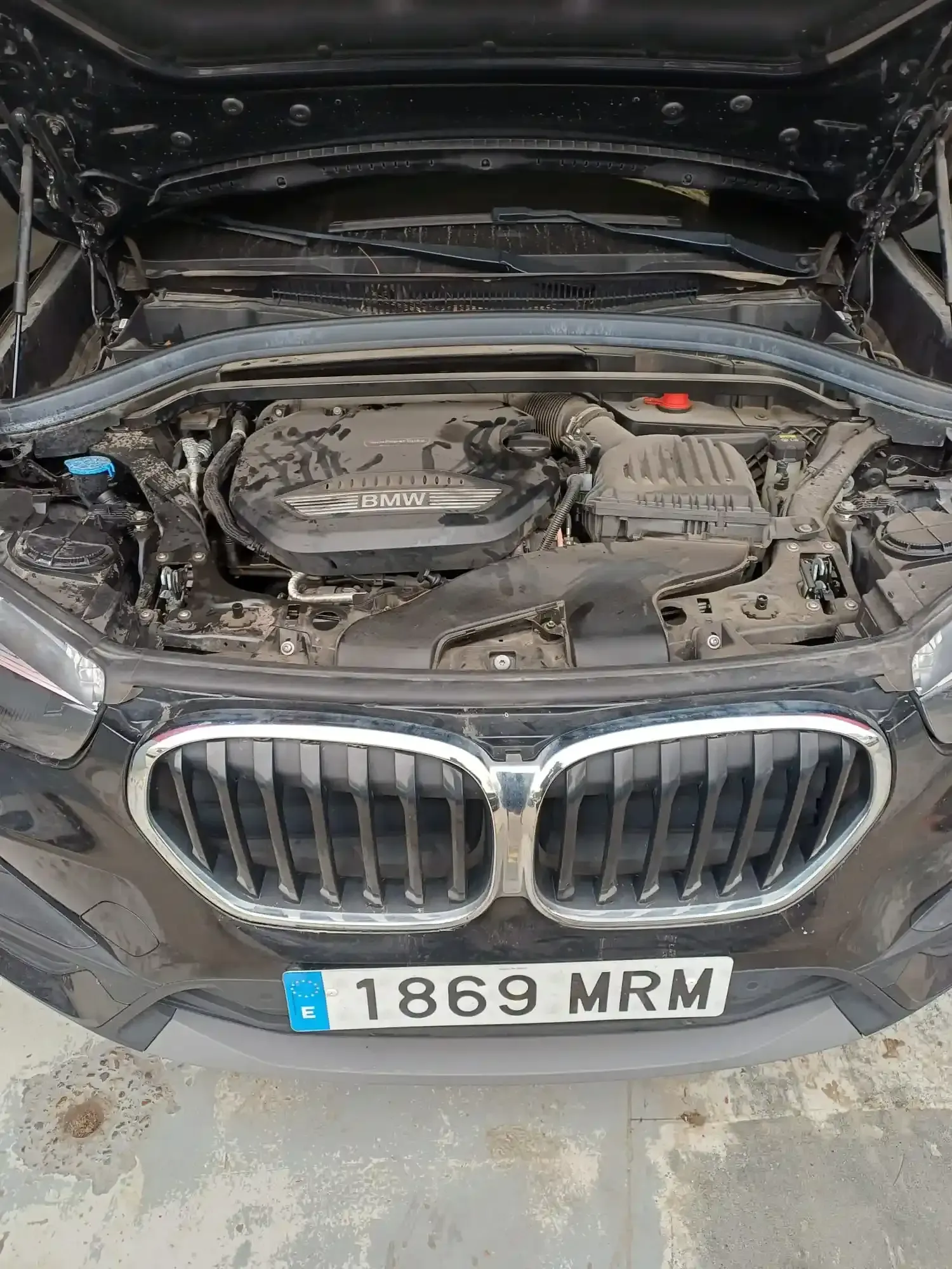 BMW negro con el capó abierto, dejando ver el compartimento del motor y la parrilla delantera.