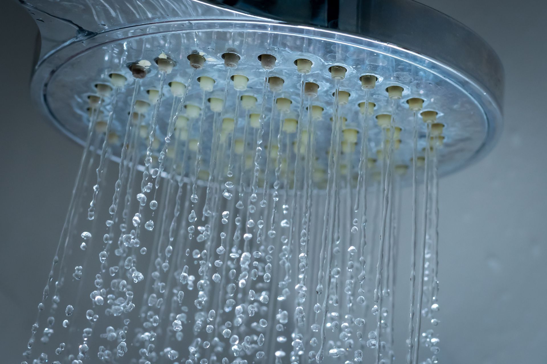 Pommeau de douche chromé projetant de nombreux jets d'eau.