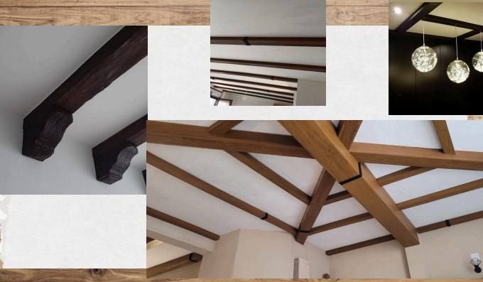 Un collage de imágenes de un techo con vigas de madera.