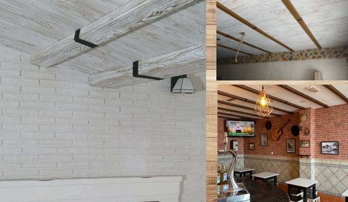 Una foto de antes y después de un techo de madera en un restaurante.