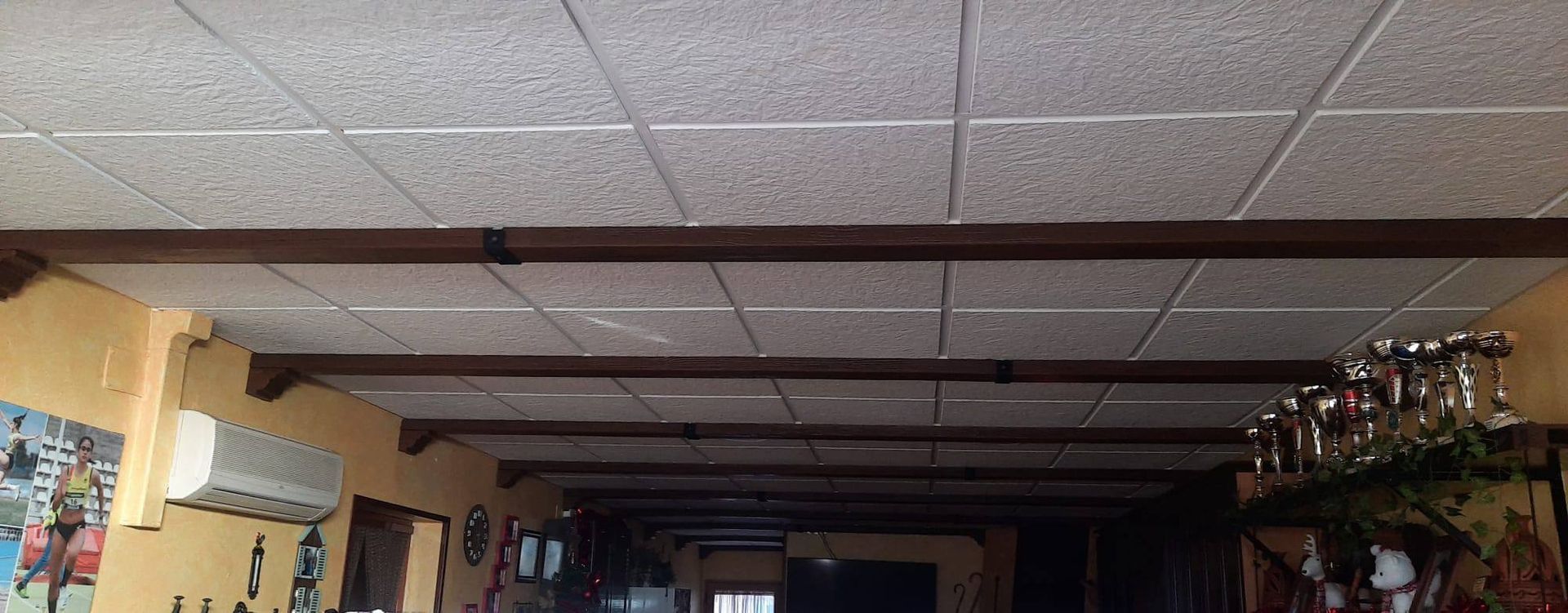 Una habitación larga con techo de tejas y vigas de madera.