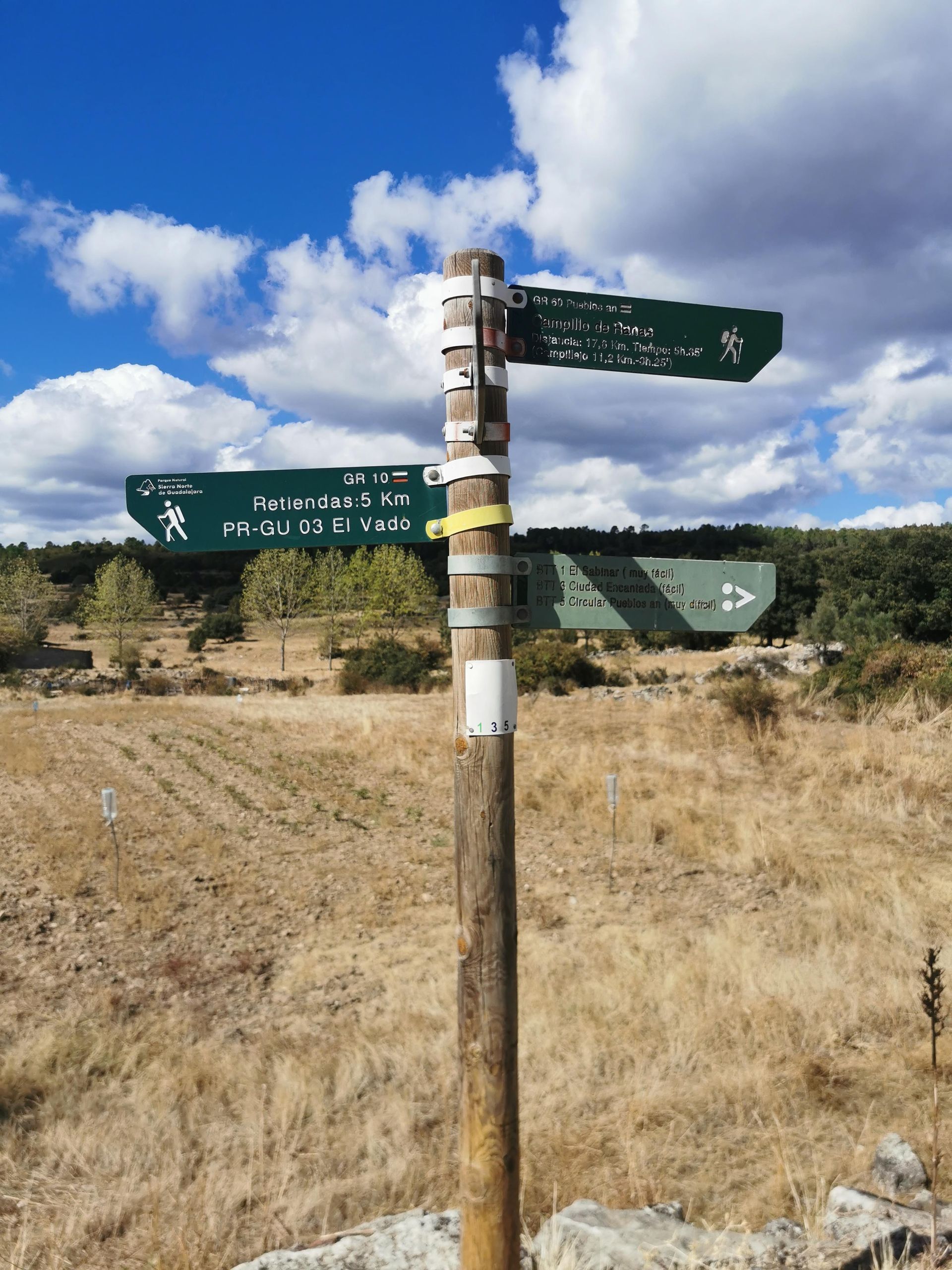 Señal de sendero de madera con señales direccionales verdes contra un cielo soleado y nublado.