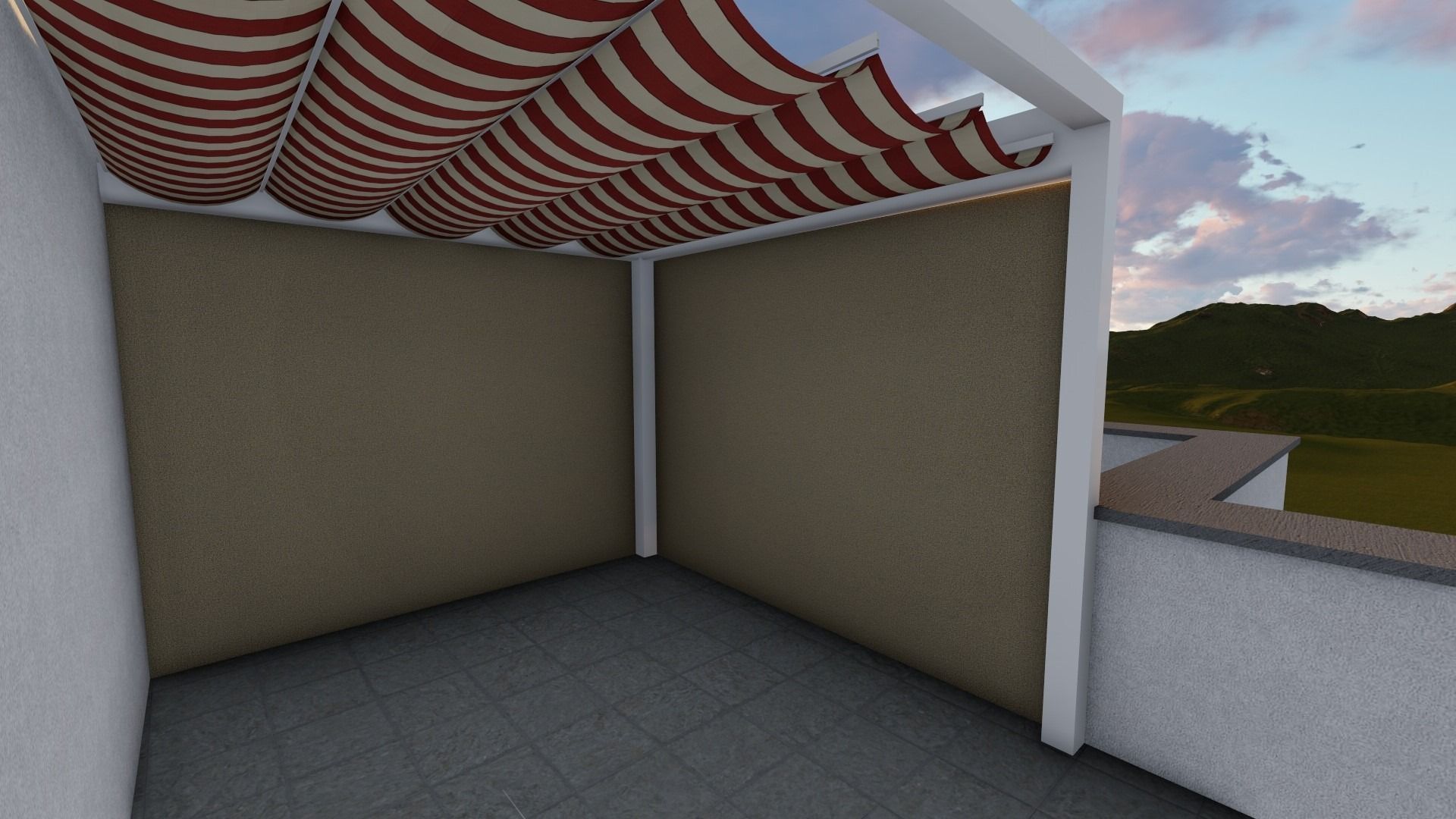 Una habitación vacía con un toldo a rayas en el techo.