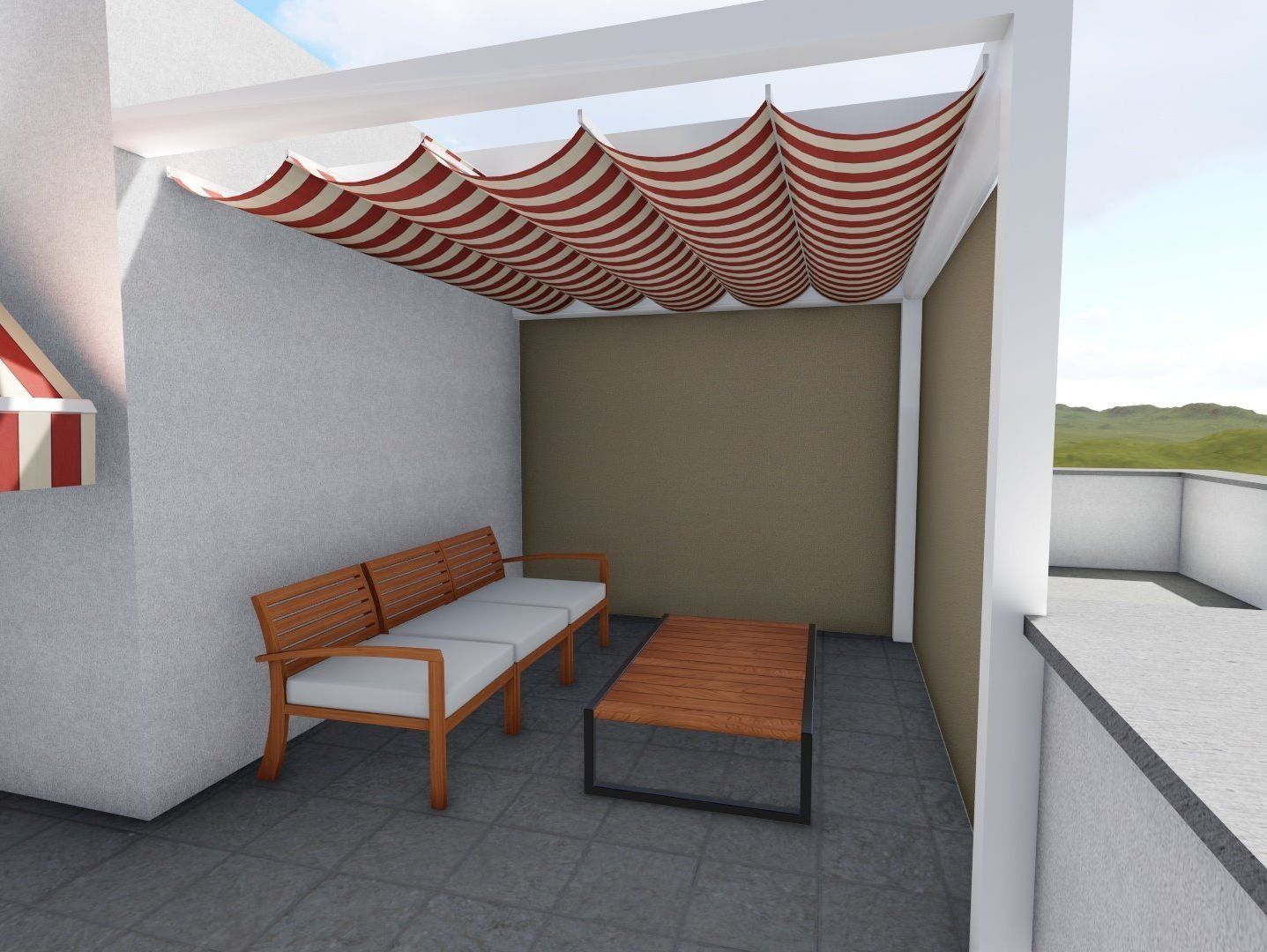 Un patio con un sofá y una mesa bajo un dosel.