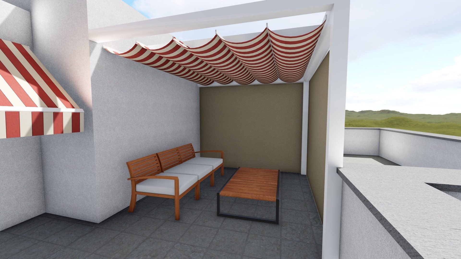 Un patio con un toldo de rayas rojas y blancas encima.