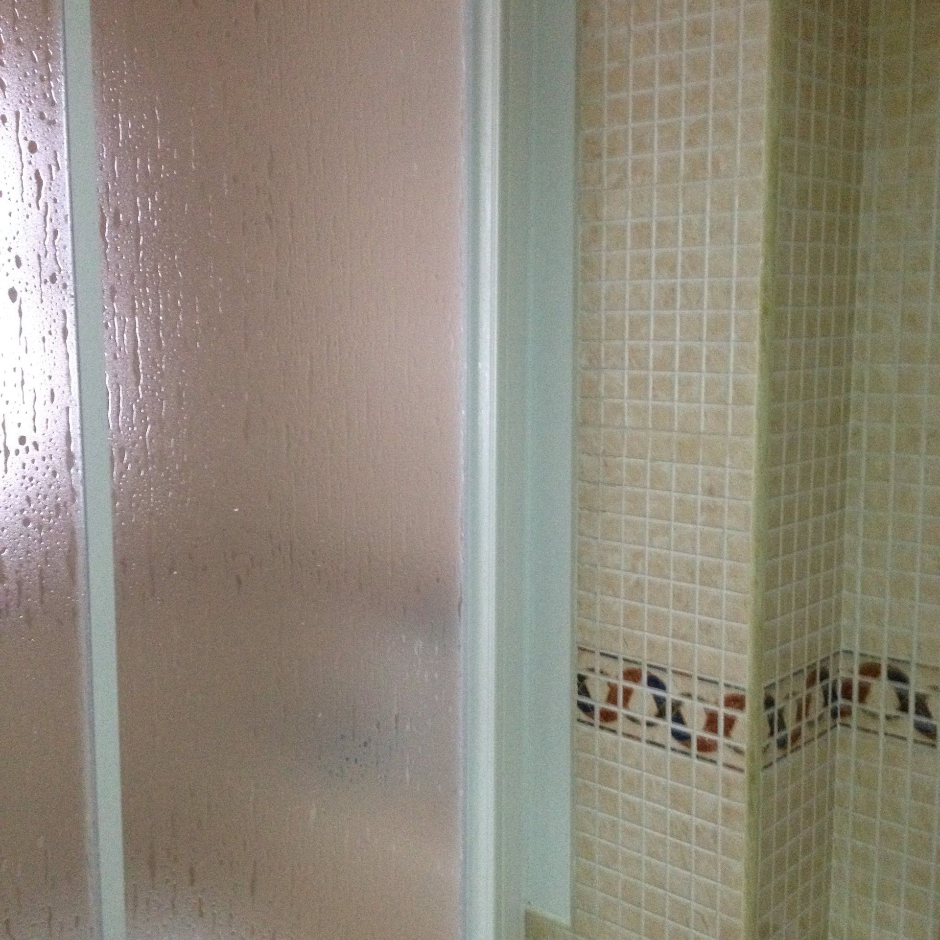 Un baño con una pared de azulejos y una puerta de ducha de cristal.
