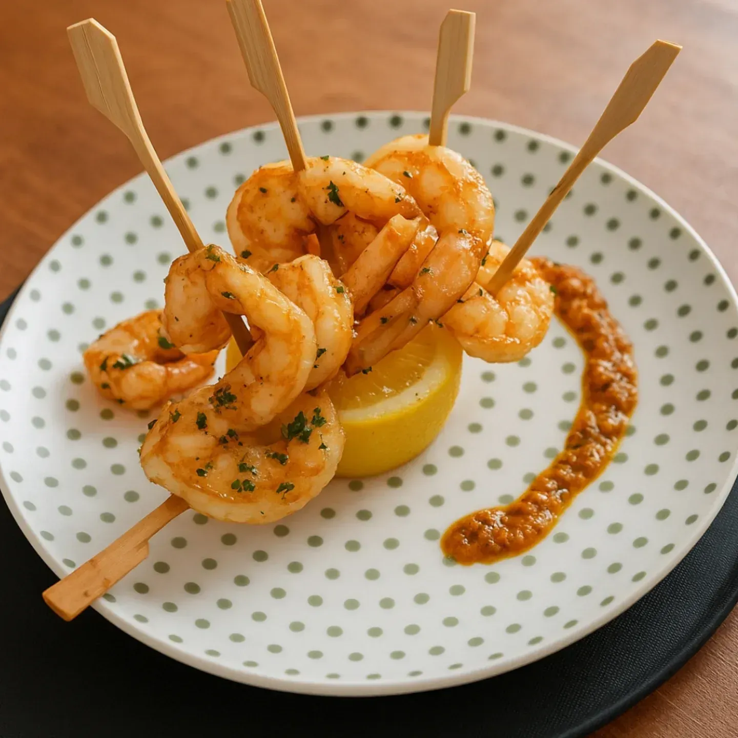 Un plato de brochetas de camarones con salsa y una rodaja de limón.