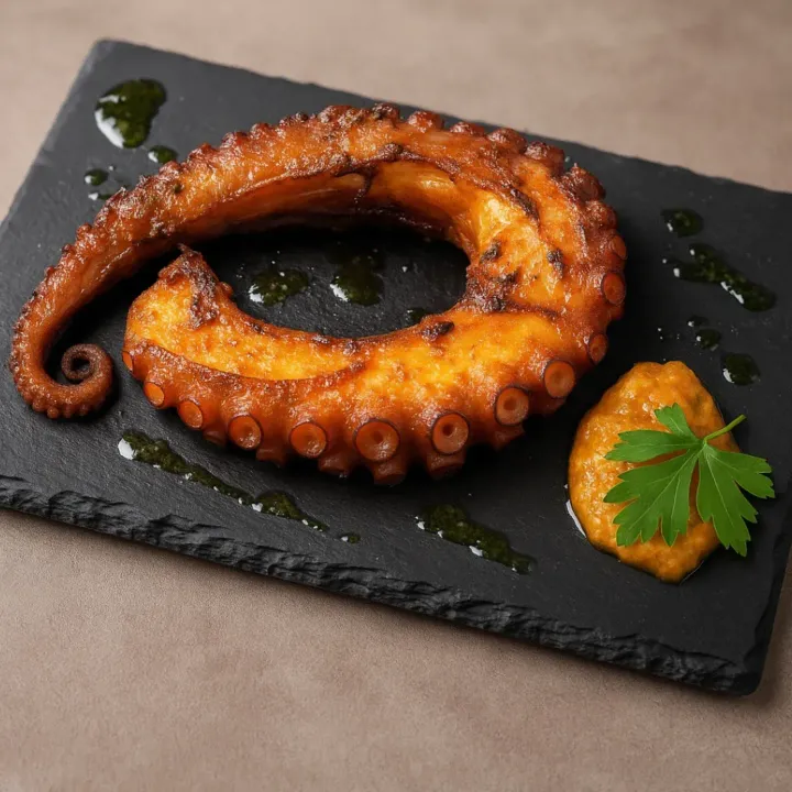 Un pulpo está sentado en un plato negro con salsa y perejil.