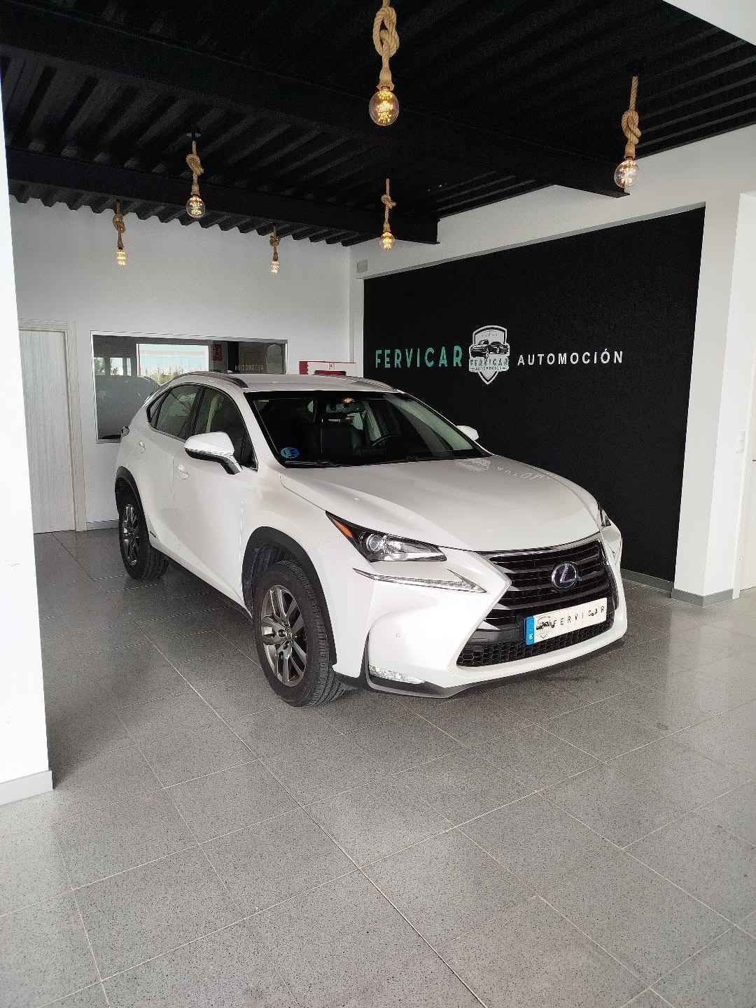 Un SUV Lexus blanco se exhibe en una sala de exposición con paredes negras y luces colgantes.