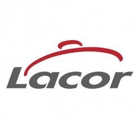 Un logotipo rojo y gris para L'Acor ​​sobre un fondo blanco.