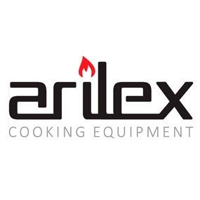 Un logotipo para equipos de cocina Arilex con una llama roja.