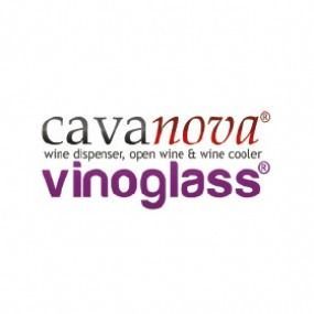 Un logotipo para el dispensador de vino Cavanova, vinoteca abierta y enfriadora de vino.
