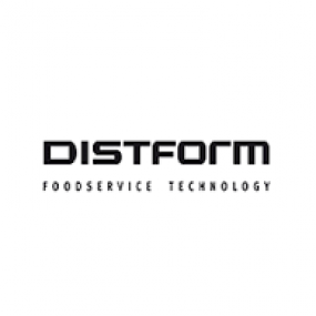 Un logotipo en blanco y negro para una empresa llamada Distform Foodservice Technology.