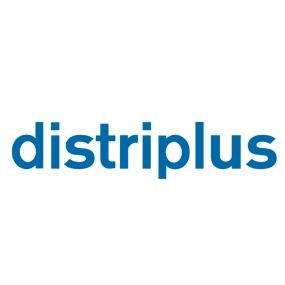 Un logotipo azul y blanco para Distriplus sobre un fondo blanco.