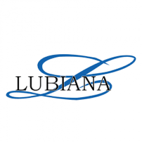 Un logotipo azul y blanco para Lubiana sobre un fondo blanco.