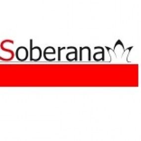 Un logo rojo y blanco de Soberana sobre un fondo blanco.