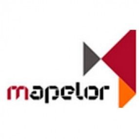 Un logotipo de Mapelor con un triángulo rojo y naranja sobre un fondo blanco.
