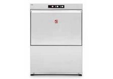 Un lavavajillas de acero inoxidable está sobre una superficie blanca.