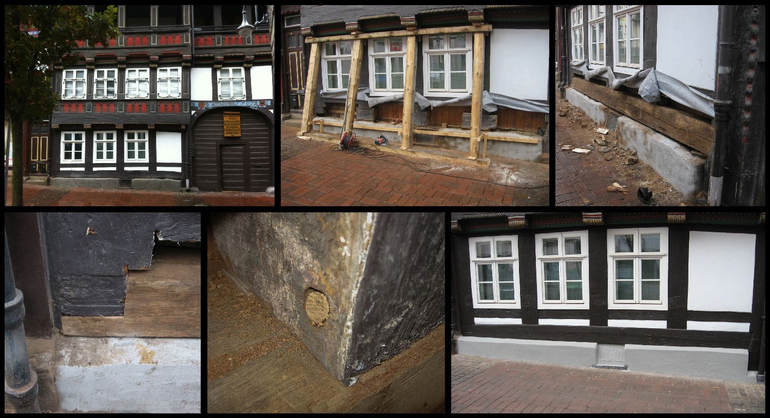 Collage einer instandgesetzten Fachwerkfassade mit weißgerahmten Fenstern; dunkelbraune Balken und graues Steinfundament.