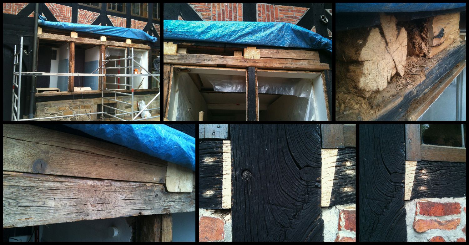 Beschädigtes Fachwerkgebäude in Renovierung; Nahaufnahmen von verrottendem Holz, Ziegeln und Schutzplane.