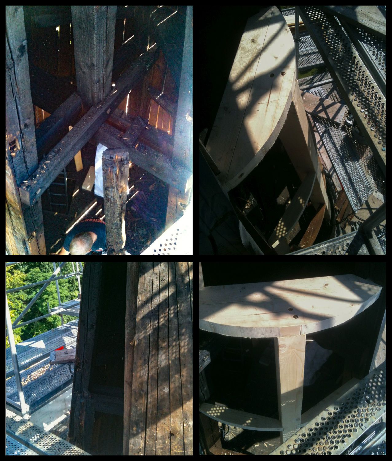 Vier Ansichten des Inneren eines Holzturms während der Restaurierung. Zu sehen sind Balken, Stützen und Gerüste.
