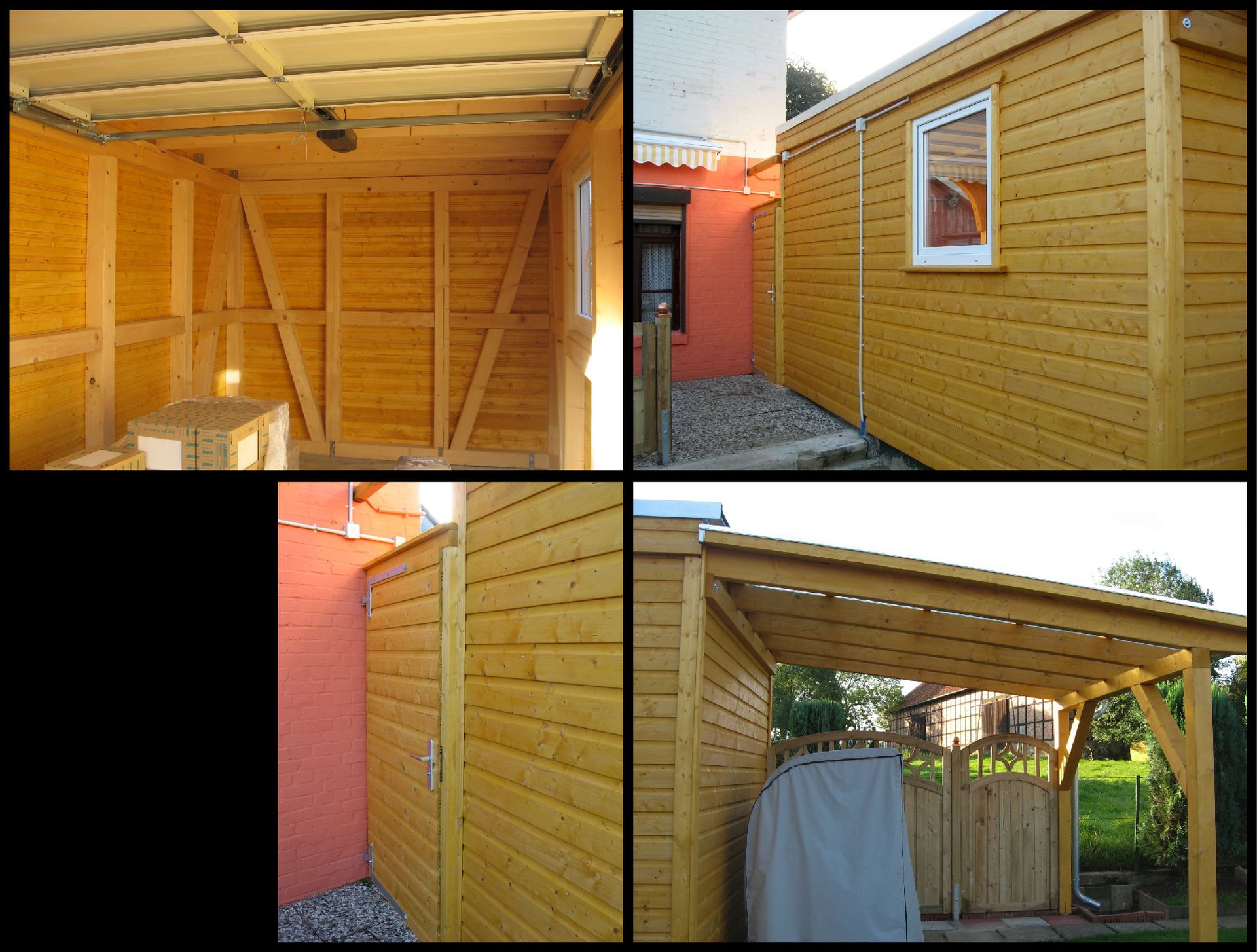 Vier Ansichten eines schuppenartigen Holzbaus. Innenansichten zeigen die Stützbalken. Außenansichten zeigen die Verkleidung, Tür, Fenster und Carport.