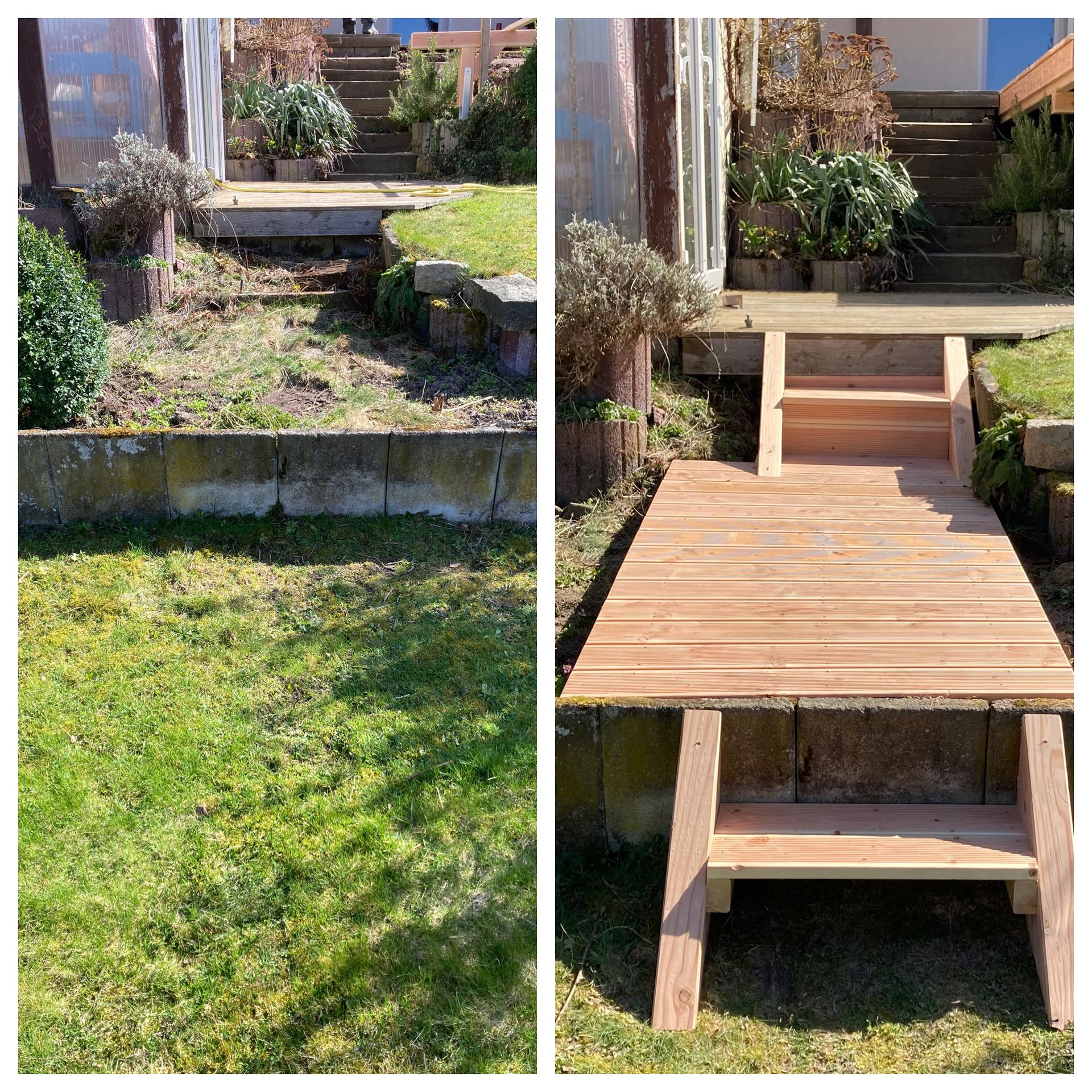Vorher- und Nachher-Fotos: Rasenfläche und Betonstufen neben einer neu gebauten Holzrampe.