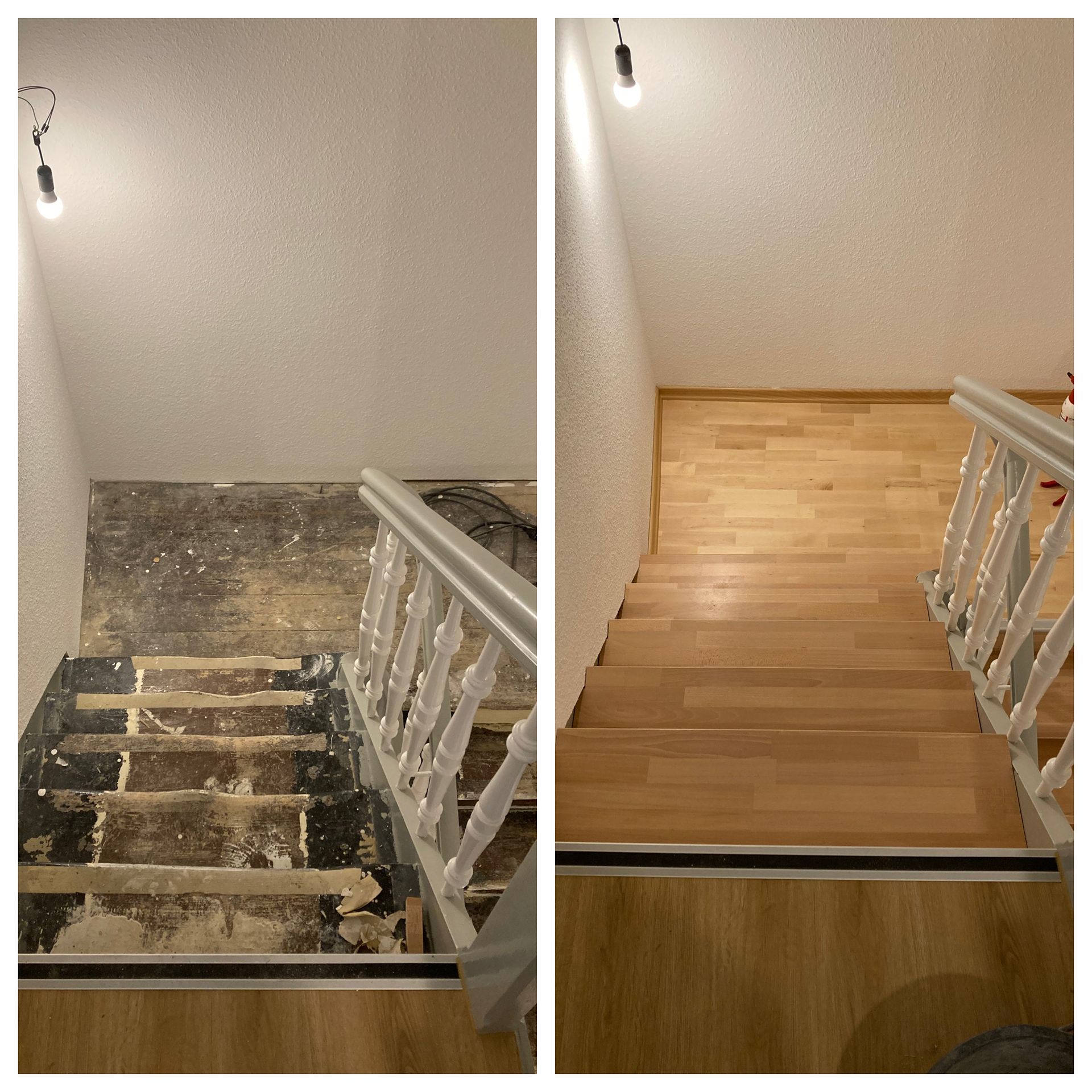 Treppenhaus vor und nach der Renovierung: alte, beschädigte Stufen links, neue Holzstufen rechts. Weiße Wände, Handlauf.