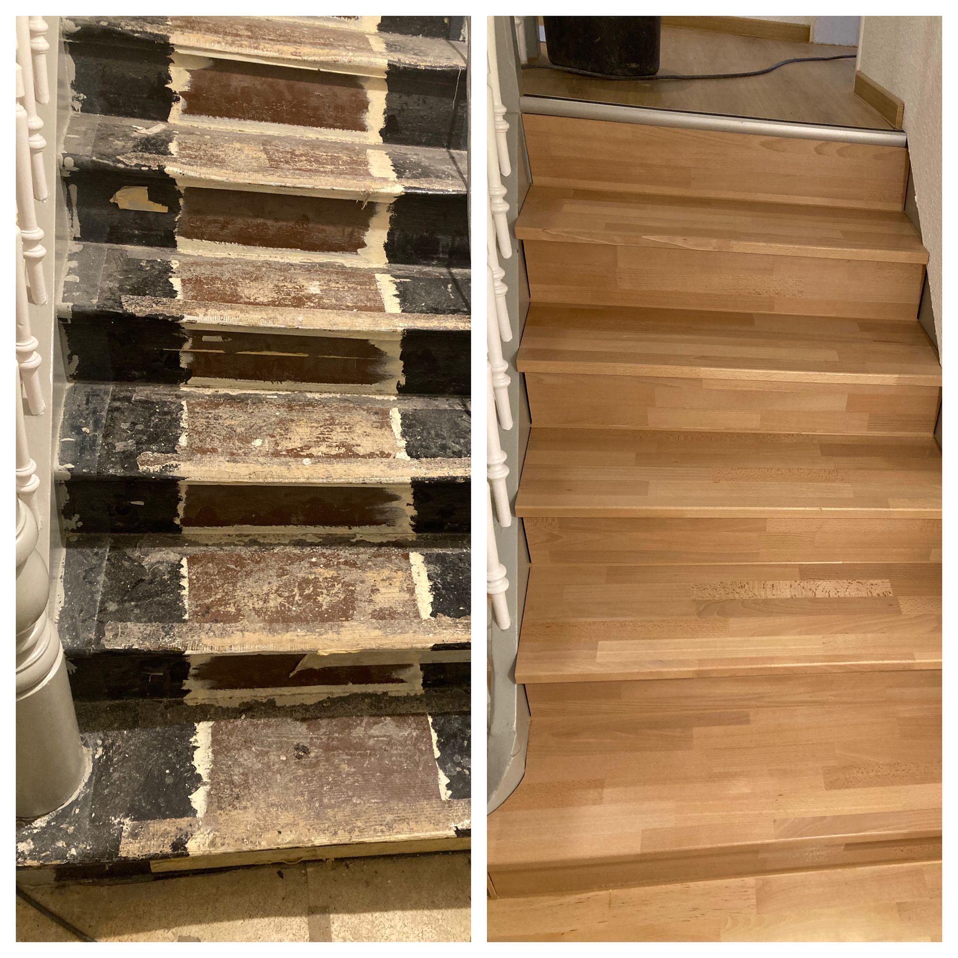 Vorher und nachher bei einer Treppe; alte, beschädigte Stufen neben neu installierten, hellen Holzstufen.