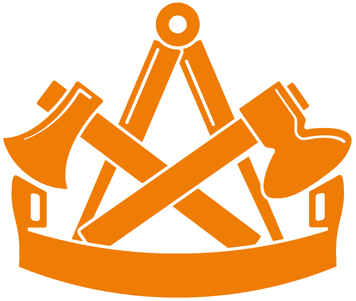 Orangefarbenes Symbol mit gekreuzten Achsen und Kompass auf einem geschwungenen Sockel mit dekorativen Elementen.